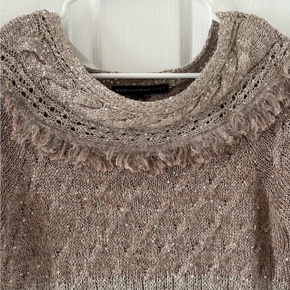 White House Black Market Sequin Knit Cowl Neck Sweater MP Taupe Fringe - Picture 3 of 7